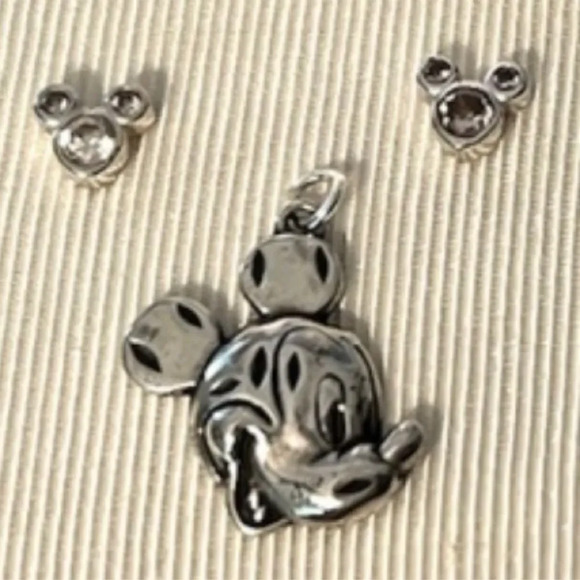 Disney Sterling Silver Vintage Jewelry Pendant Earrings Rhinestone Mickey Mouse - Picture 5 of 7